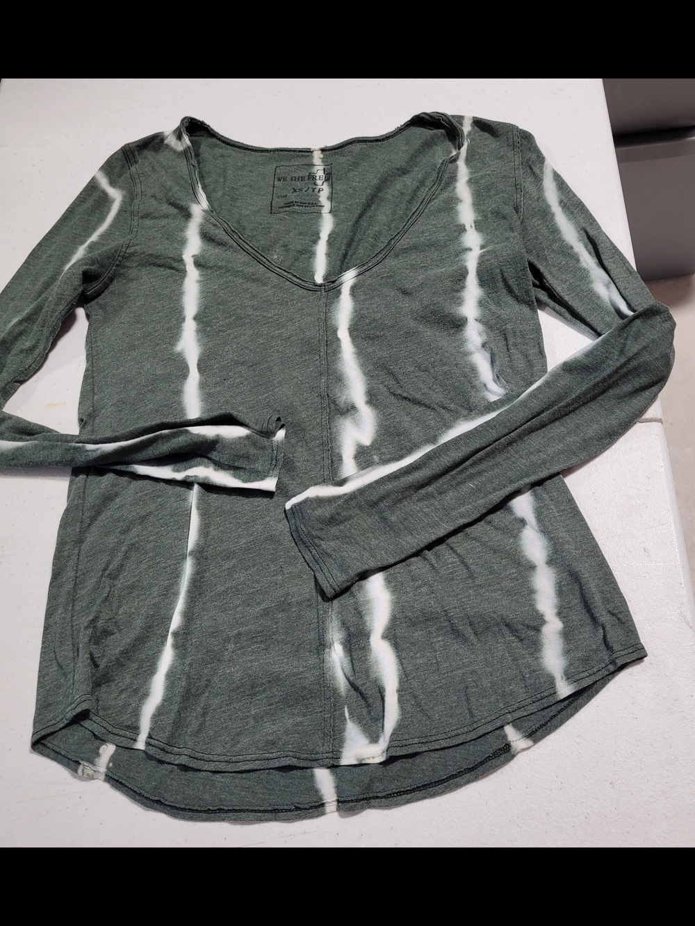Free People Olive Green V-Neck Long Sleeve Top with White Tie-Dye Stripes